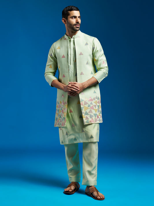 Men's Mint Green Silk Blend Straight Jacket Kurta And Pyjama Set.