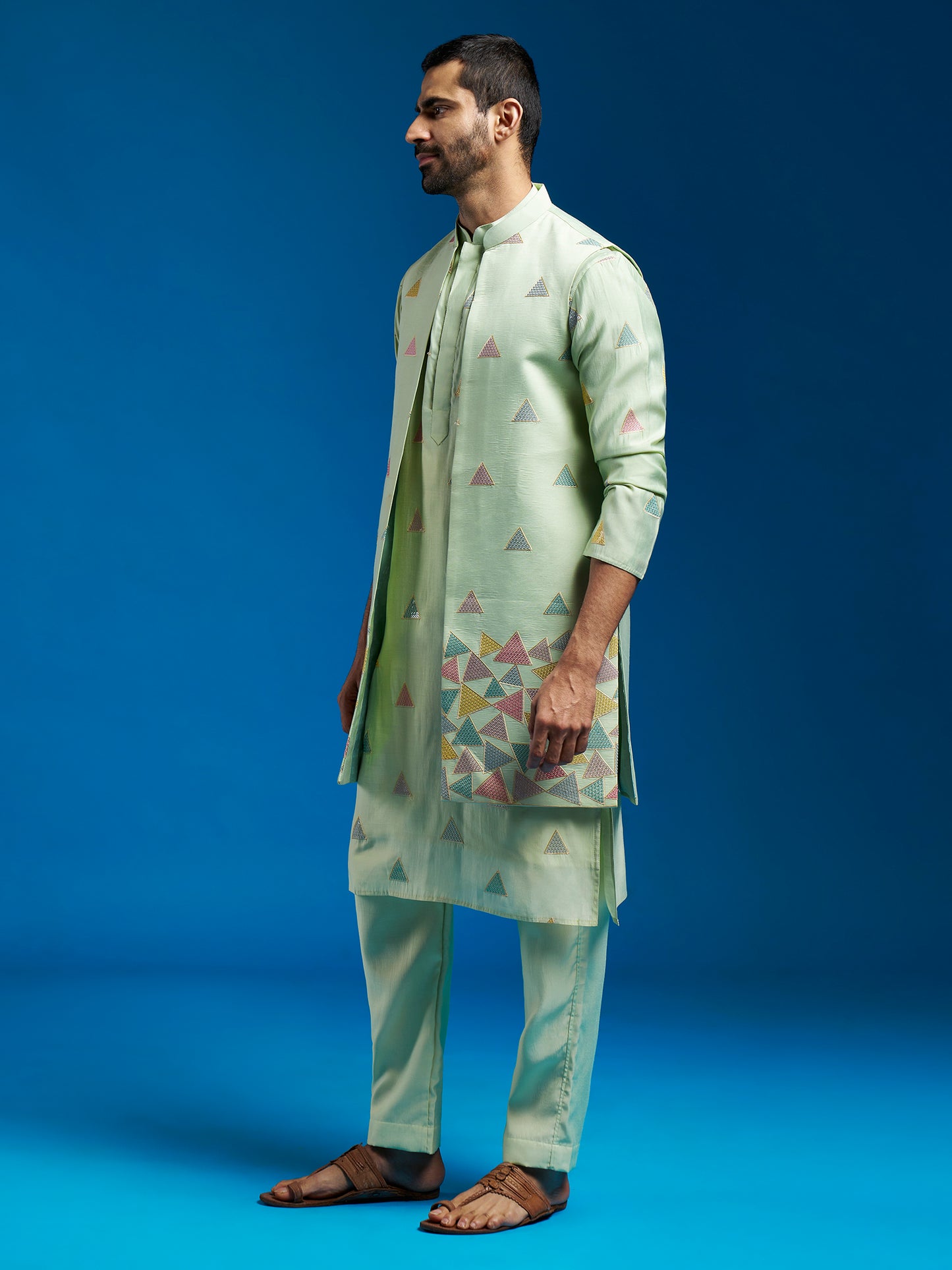 Men's Mint Green Silk Blend Straight Jacket Kurta And Pyjama Set.