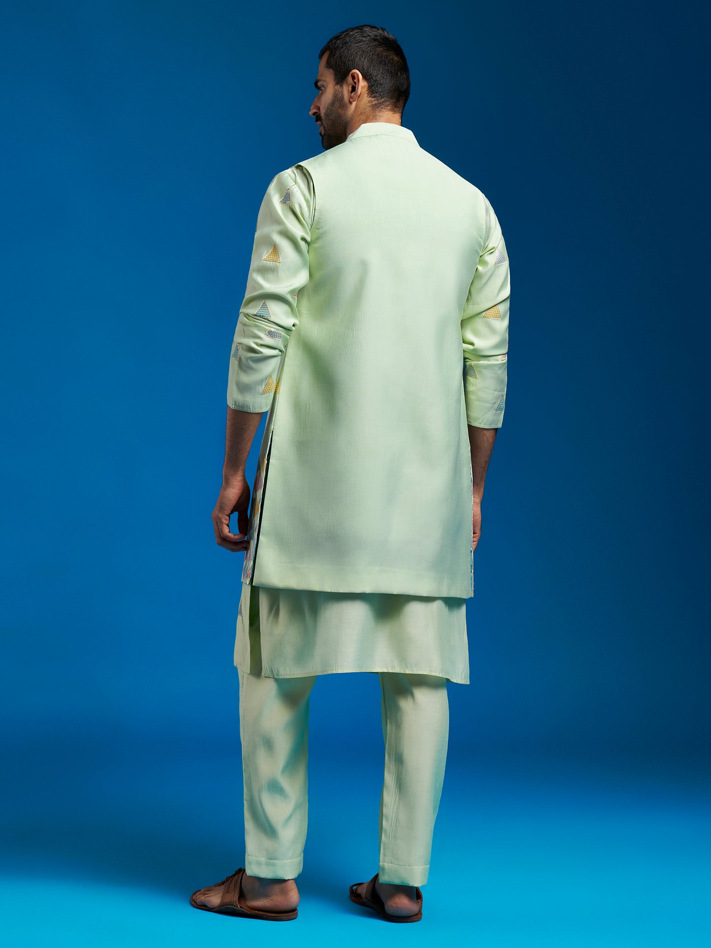 Men's Mint Green Silk Blend Straight Jacket Kurta And Pyjama Set.