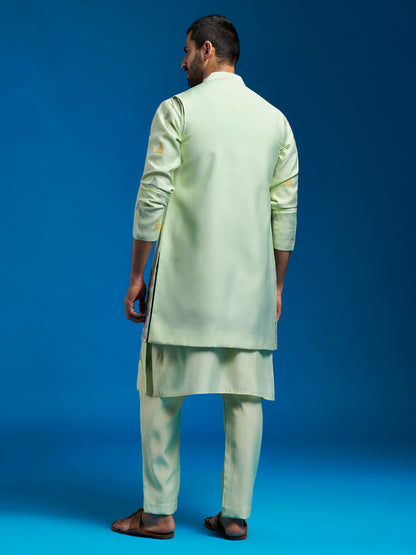 Men's Mint Green Silk Blend Straight Jacket Kurta And Pyjama Set.