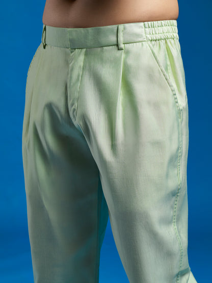 Men's Mint Green Silk Blend Straight Jacket Kurta And Pyjama Set.
