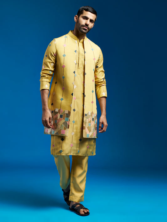 Men's Mustard Silk Blend Straight Jacket Kurta And Pyjama Set.