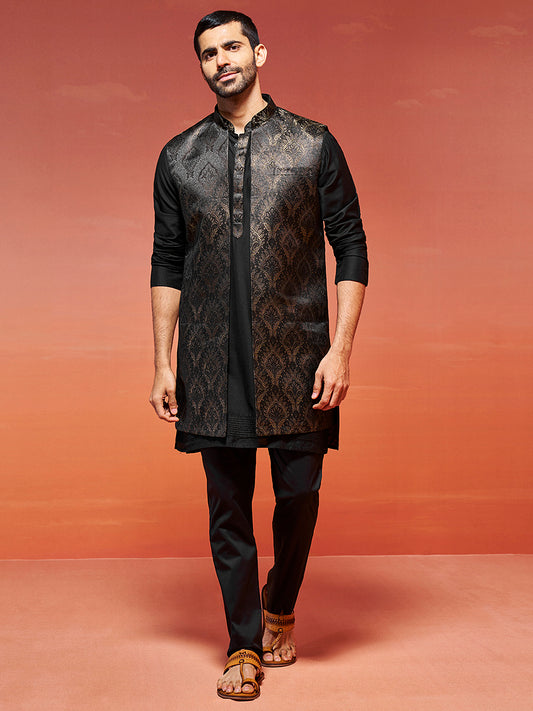 Men's Black Viscose Straight Jacket Kurta And Pyjama Set.