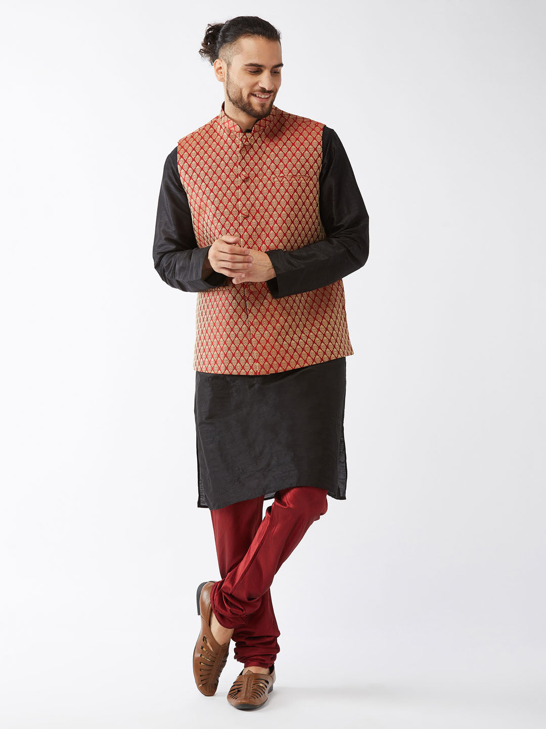 Men's Black Silk Blend Straight Jacket  Kurta and Pyjama Set