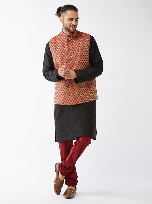 Men's Black Silk Blend Straight Jacket  Kurta and Pyjama Set