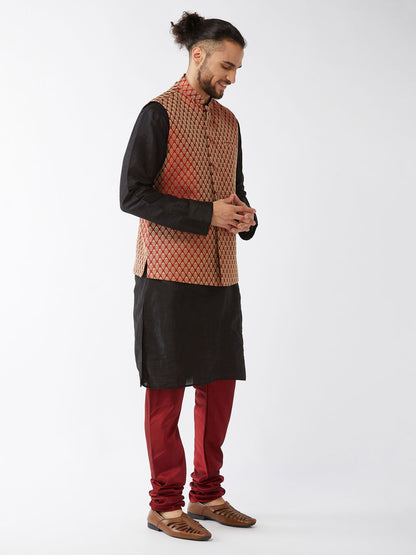 Men's Black Silk Blend Straight Jacket  Kurta and Pyjama Set