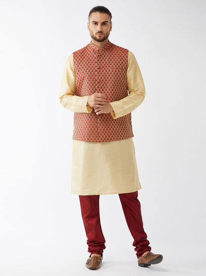 Men's Gold Silk Blend Straight Jacket  Kurta and Pyjama Set