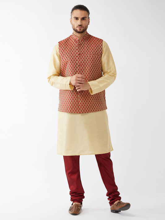 Men's Gold Silk Blend Straight Jacket  Kurta and Pyjama Set