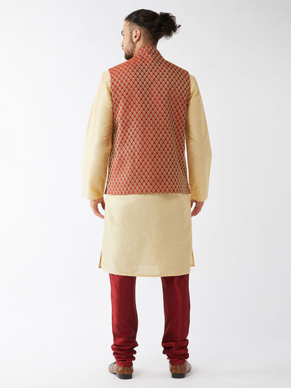 Men's Gold Silk Blend Straight Jacket  Kurta and Pyjama Set