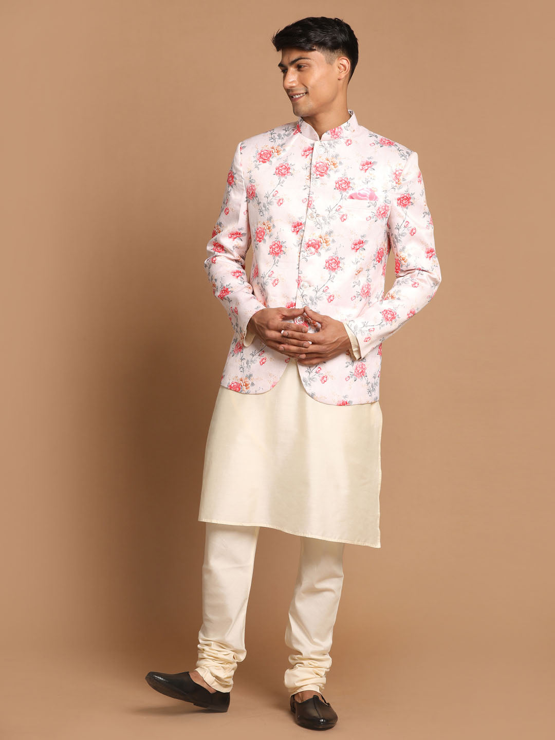 Men's Cream Viscose Straight Jacket  Kurta and Pyjama Set