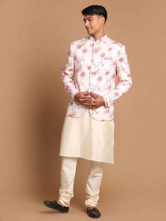 Men's Cream Viscose Straight Jacket  Kurta and Pyjama Set