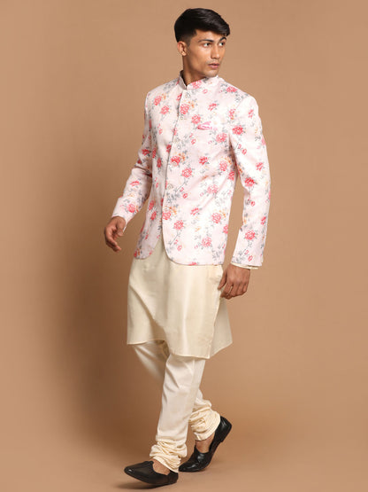 Men's Cream Viscose Straight Jacket  Kurta and Pyjama Set