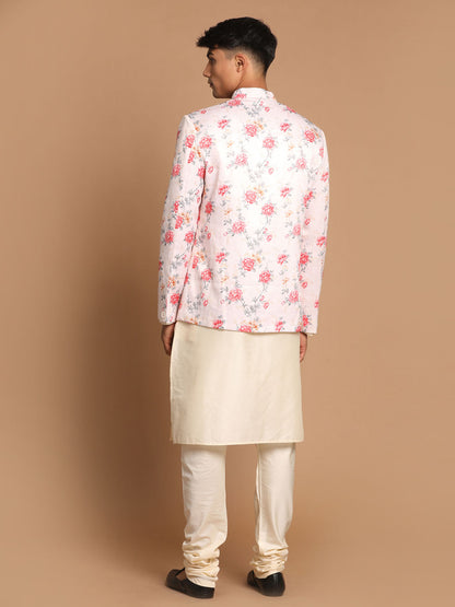 Men's Cream Viscose Straight Jacket  Kurta and Pyjama Set