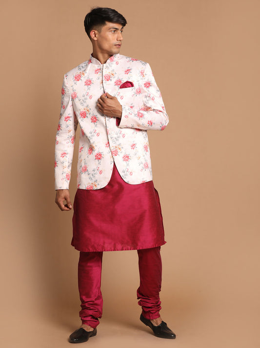 Men's Magenta Viscose Blend Straight Jacket  Kurta and Pyjama Set