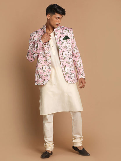 Men's Cream Viscose Straight Jacket  Kurta and Pyjama Set