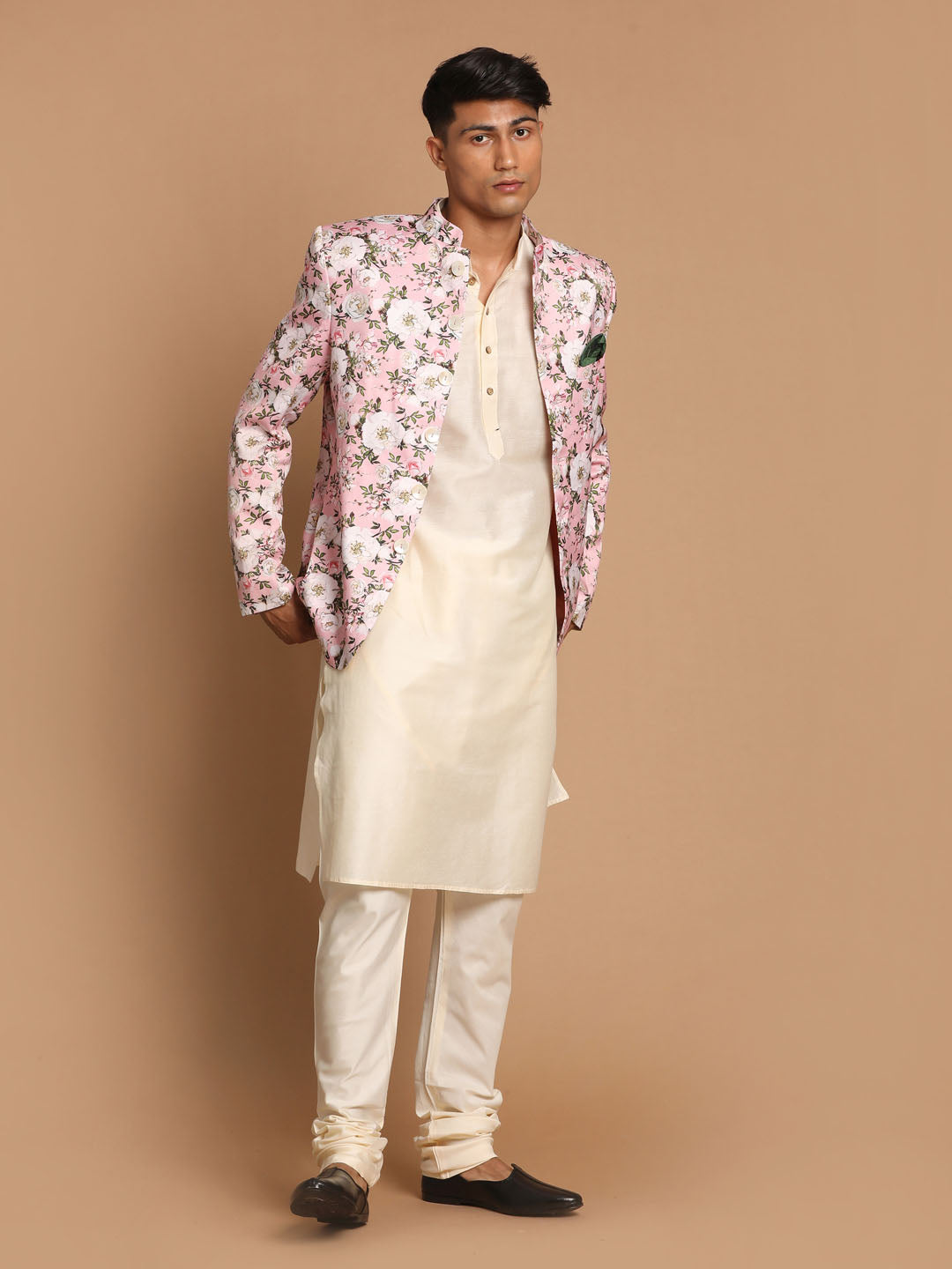 Men's Cream Viscose Straight Jacket  Kurta and Pyjama Set