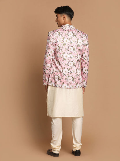 Men's Cream Viscose Straight Jacket  Kurta and Pyjama Set