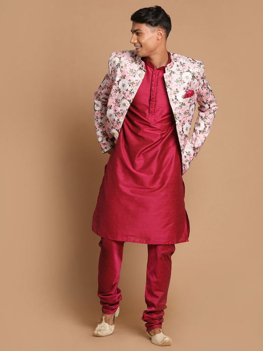 Men's Magenta Viscose Blend Straight Jacket  Kurta and Pyjama Set