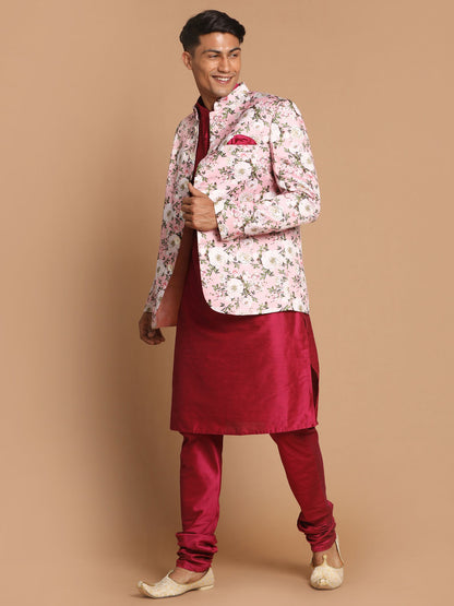 Men's Magenta Viscose Blend Straight Jacket  Kurta and Pyjama Set