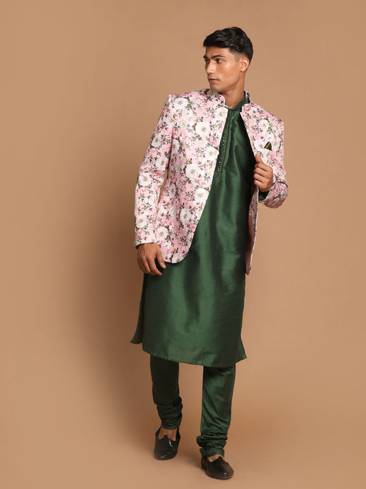 Men's Green Viscose Blend Straight Jacket  Kurta and Pyjama Set