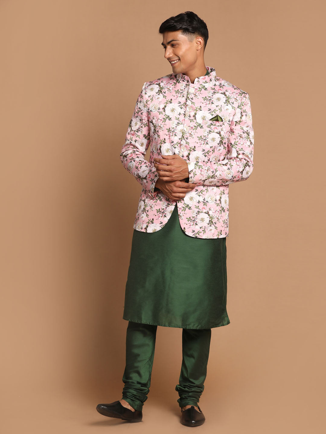Men's Green Viscose Blend Straight Jacket  Kurta and Pyjama Set