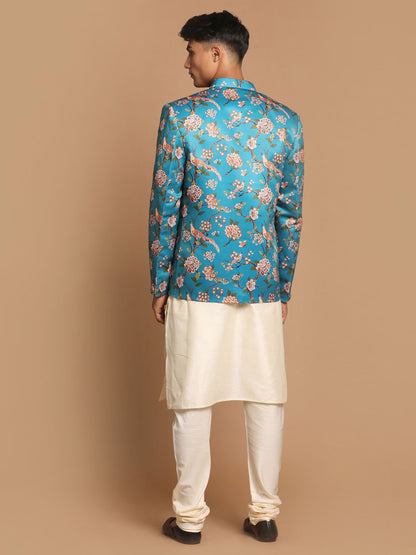 Men's Cream Viscose Straight Jacket  Kurta and Pyjama Set