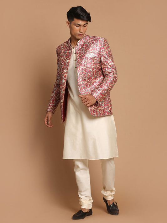 Men's Cream Viscose Straight Jacket  Kurta and Pyjama Set