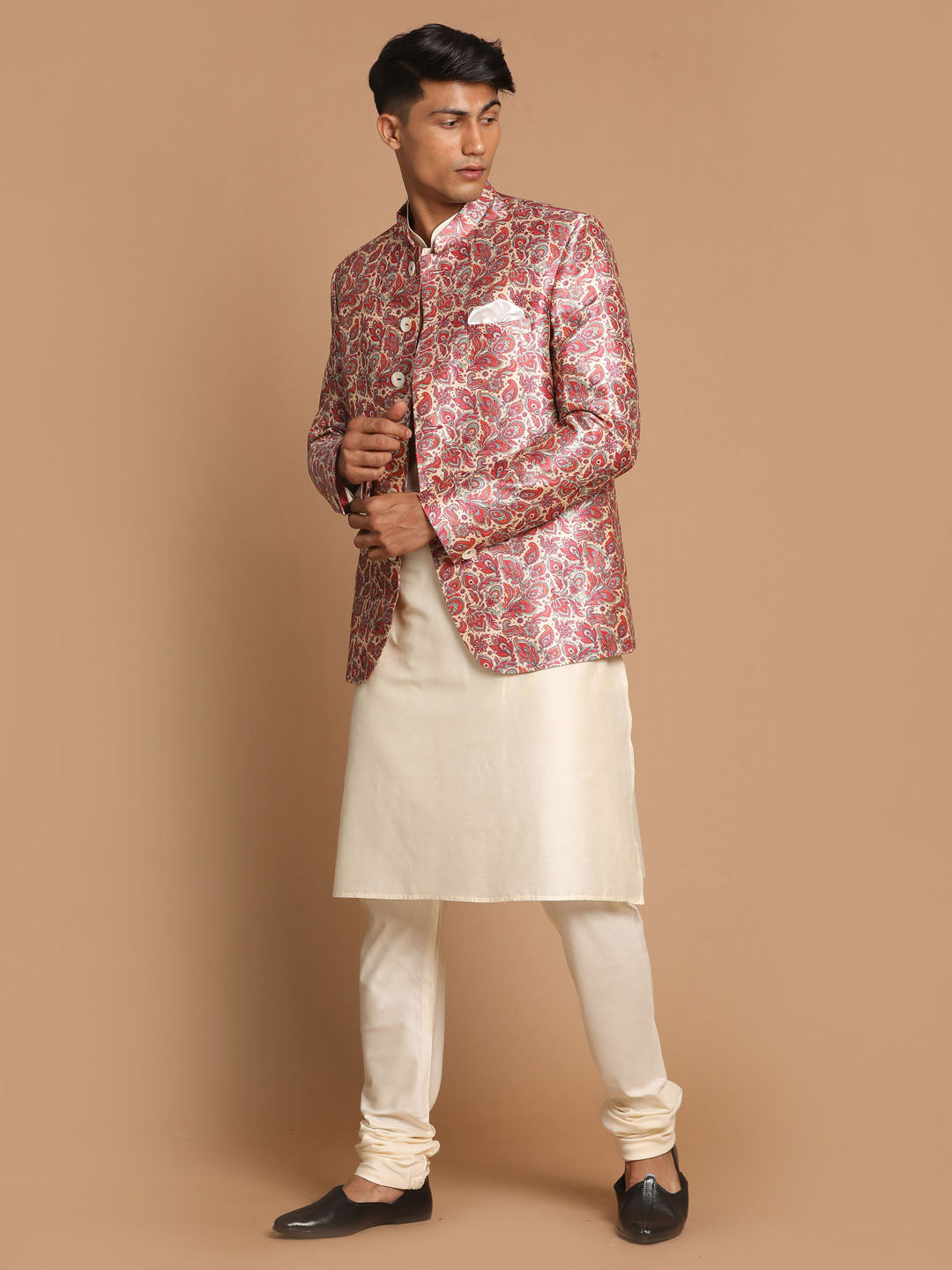 Men's Cream Viscose Straight Jacket  Kurta and Pyjama Set