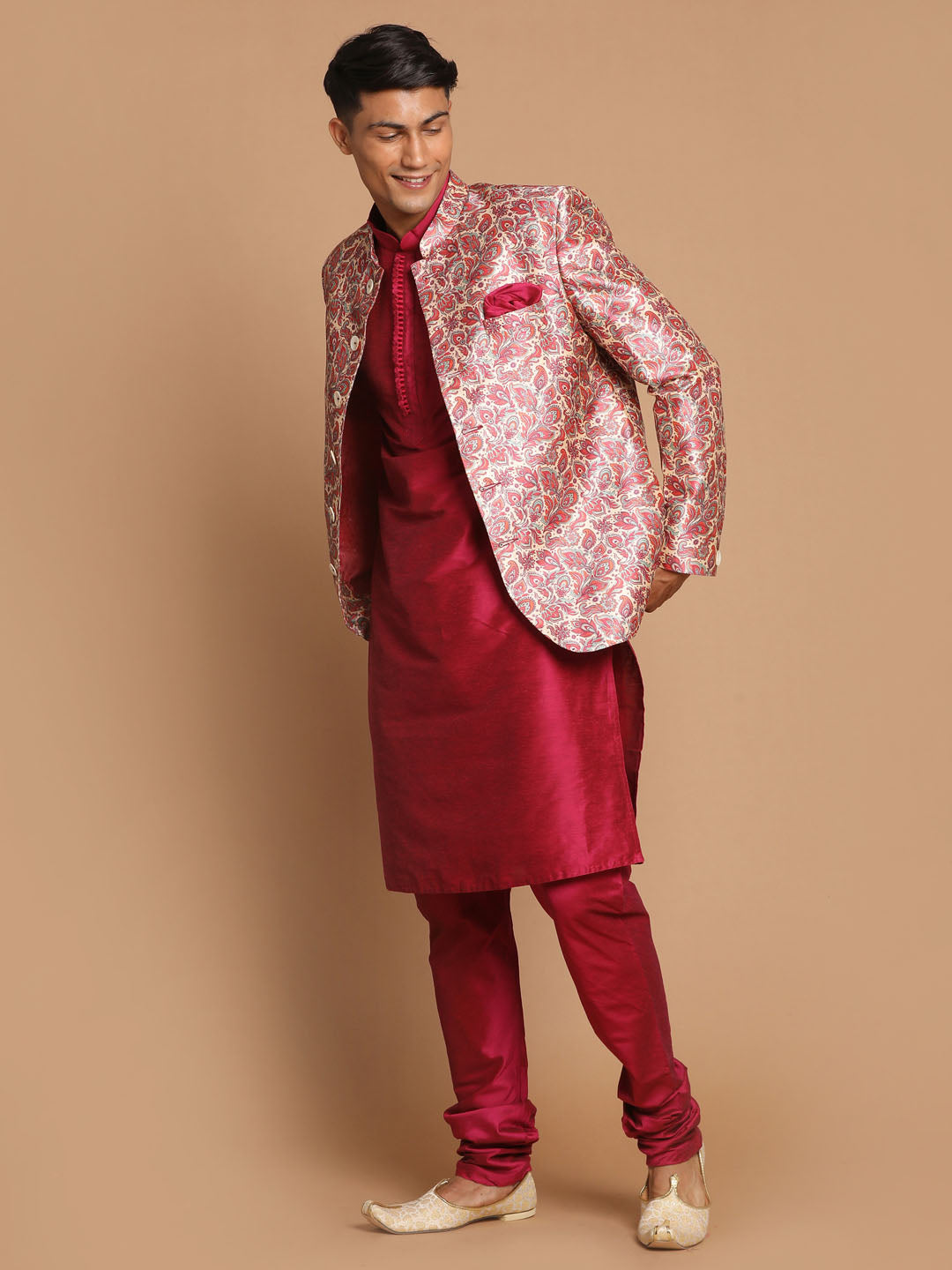 Men's Pink Viscose Blend Straight Jacket  Kurta and Pyjama Set