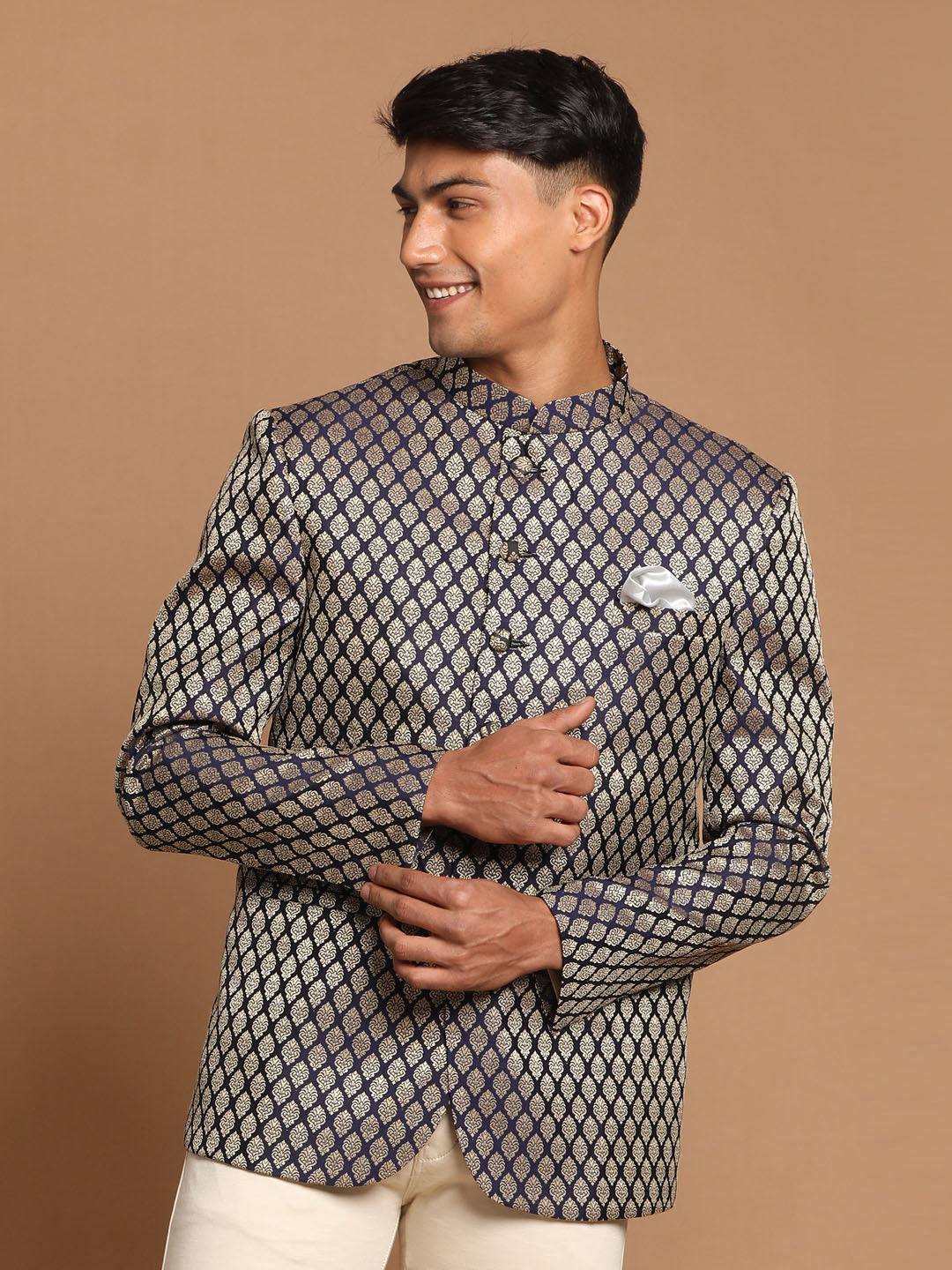 Men's Navy Blue Silk Blend Straight Jodhpuri