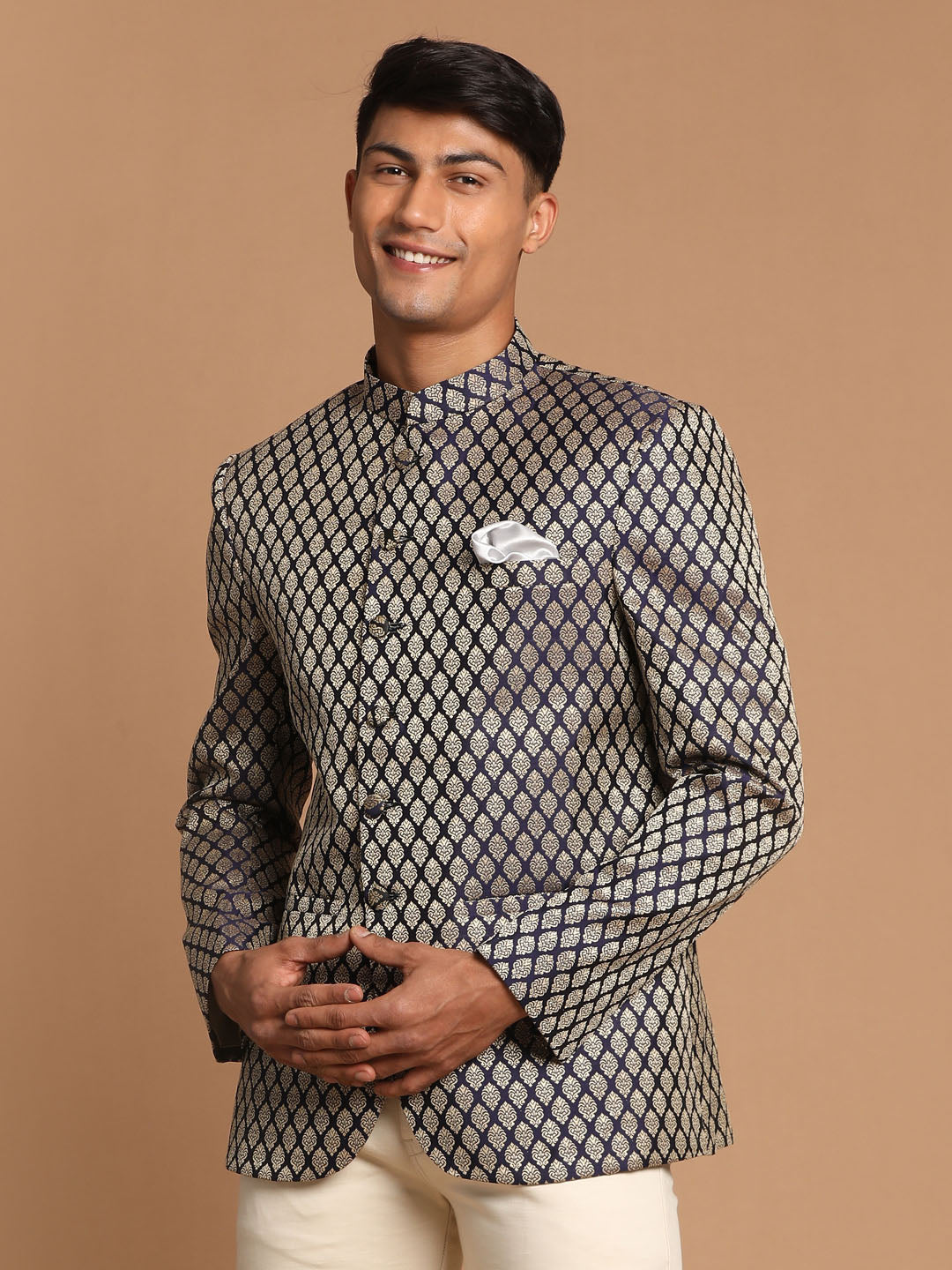 Men's Navy Blue Silk Blend Straight Jodhpuri