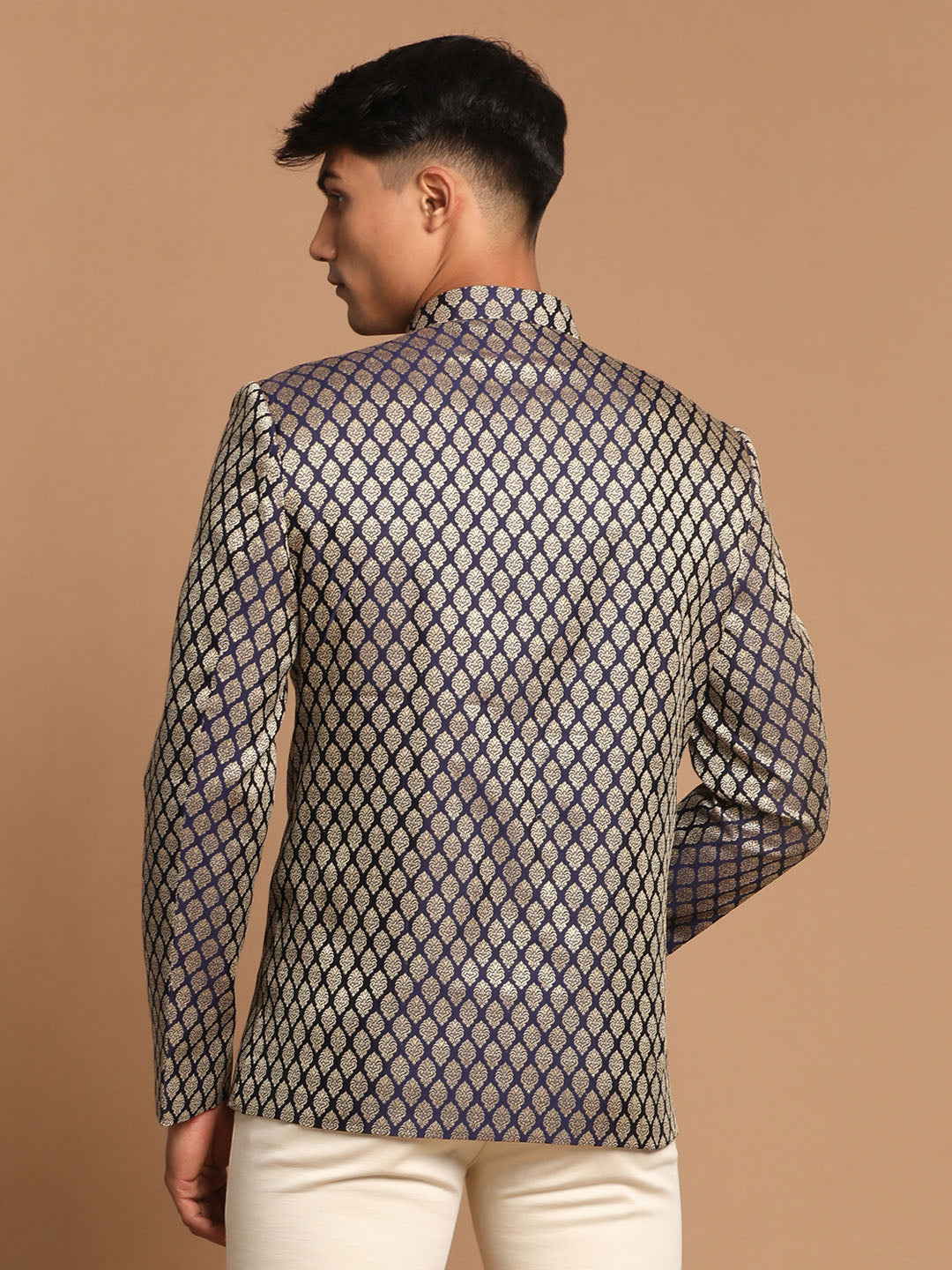 Men's Navy Blue Silk Blend Straight Jodhpuri