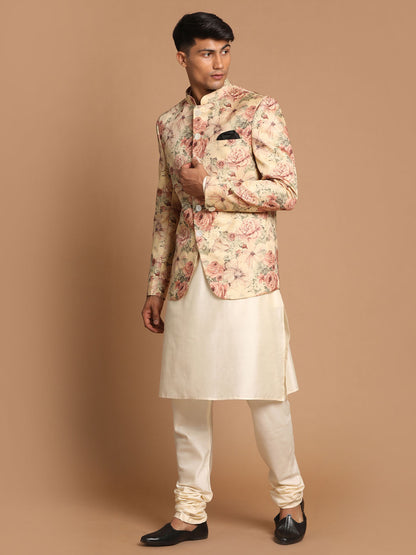 Men's Cream Viscose Straight Jacket  Kurta and Pyjama Set