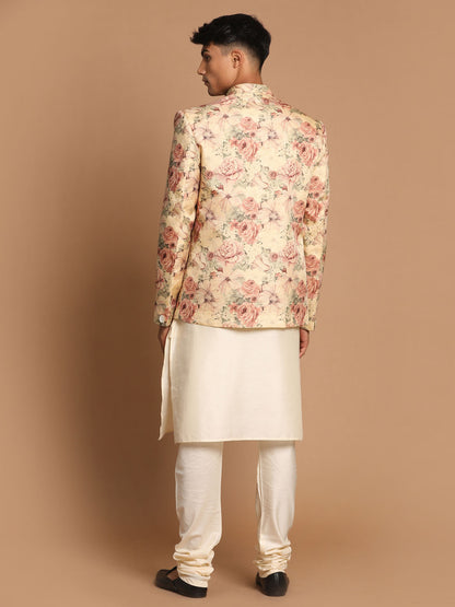 Men's Cream Viscose Straight Jacket  Kurta and Pyjama Set
