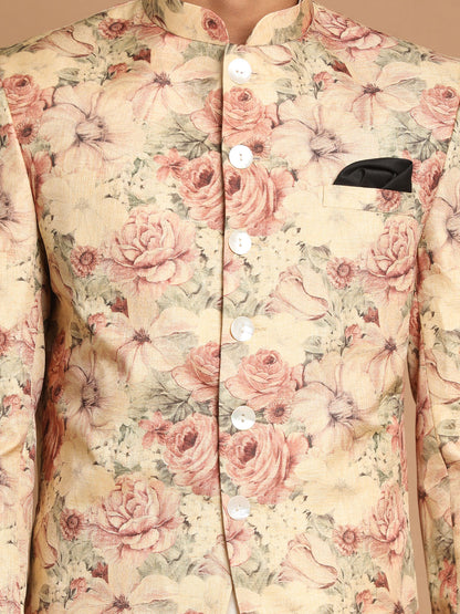 Men's Cream Viscose Straight Jacket  Kurta and Pyjama Set