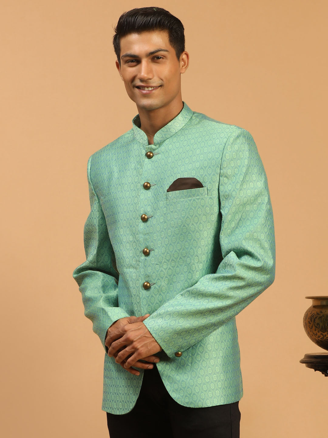 Men's Green Silk Blend Straight Jodhpuri