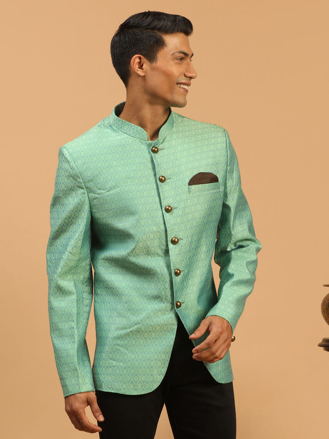 Men's Green Silk Blend Straight Jodhpuri