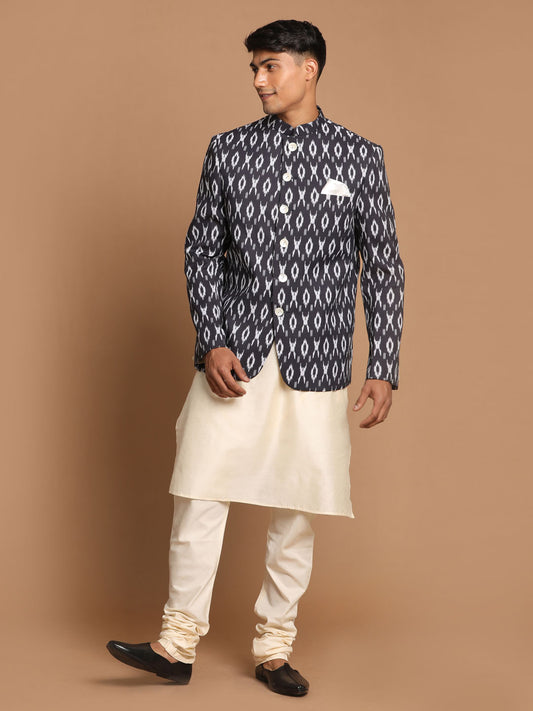 Men's Cream Viscose Straight Jacket  Kurta and Pyjama Set