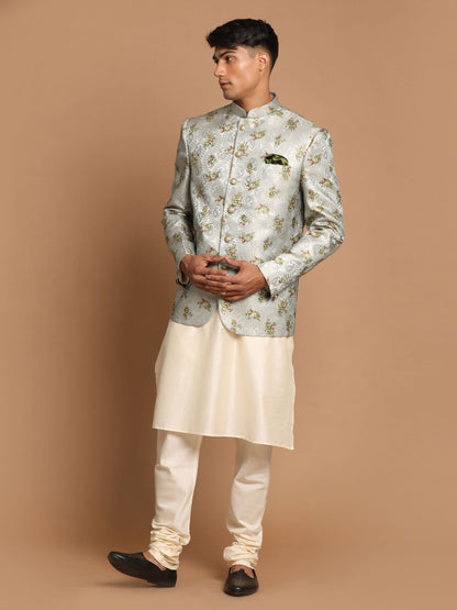 Men's Cream Viscose Straight Jacket  Kurta and Pyjama Set