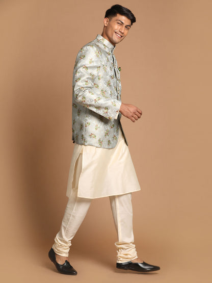 Men's Cream Viscose Straight Jacket  Kurta and Pyjama Set