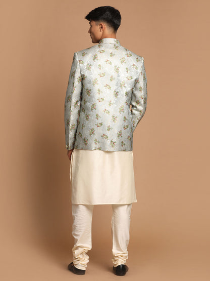 Men's Cream Viscose Straight Jacket  Kurta and Pyjama Set