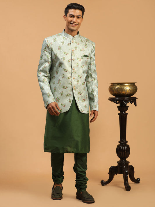 Men's Green Viscose Blend Straight Jacket  Kurta and Pyjama Set