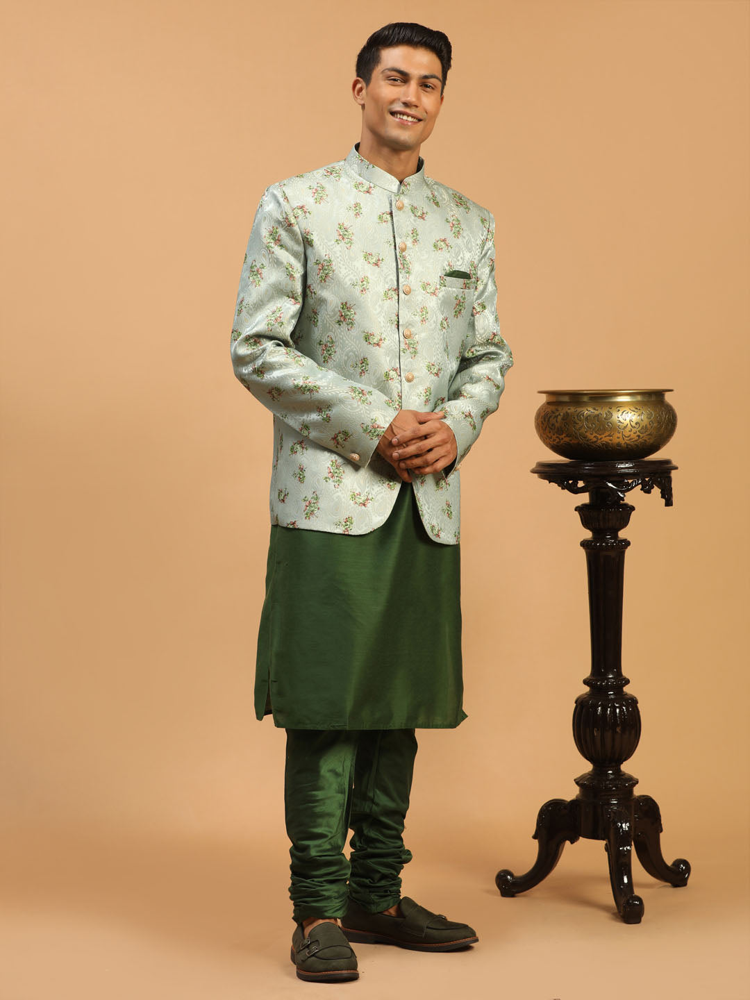 Men's Green Viscose Blend Straight Jacket  Kurta and Pyjama Set