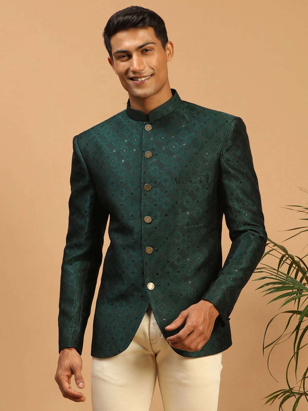 Men's Green Silk Blend Straight Jodhpuri