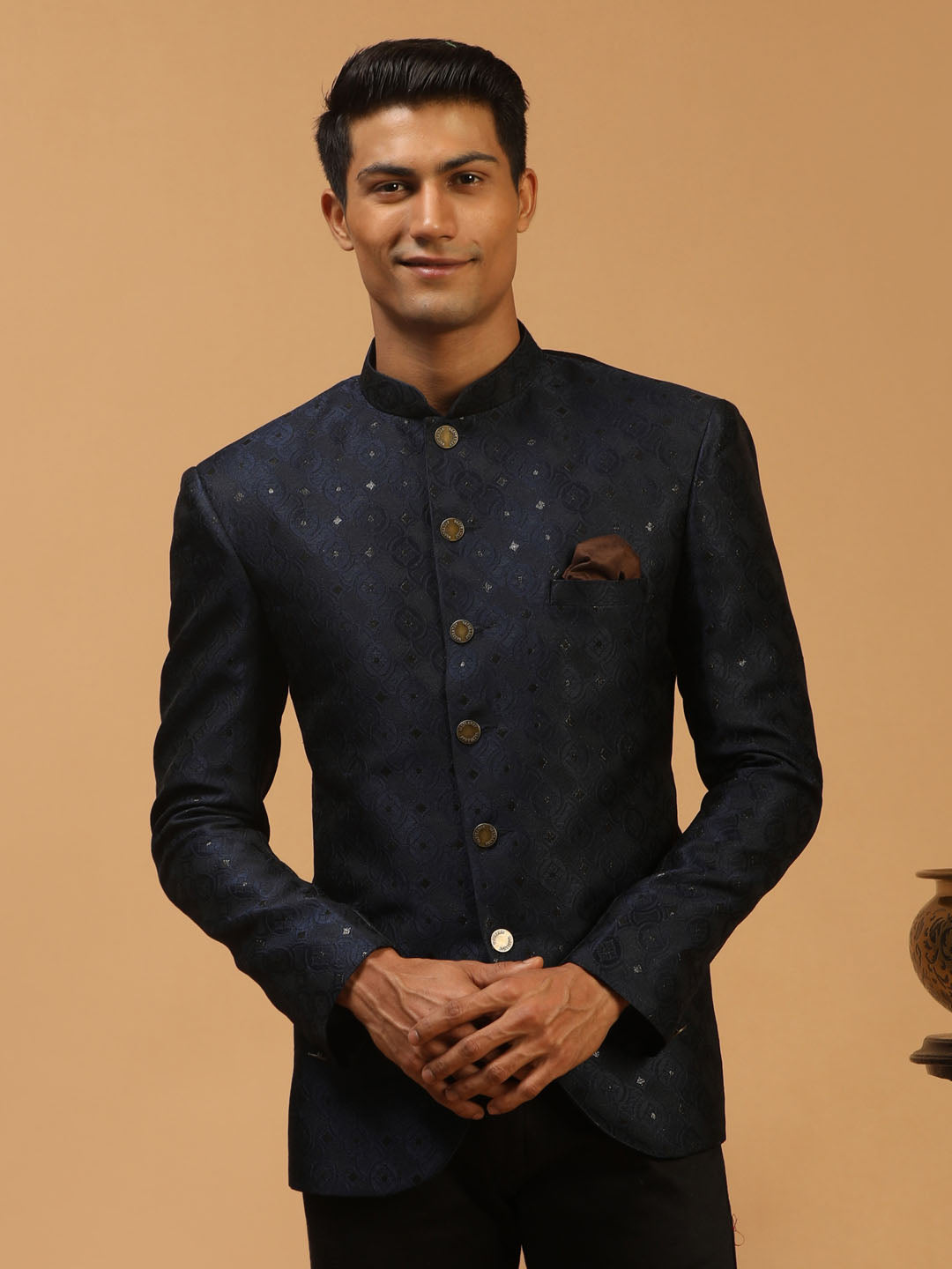 Men's Navy Blue Silk Blend Straight Jodhpuri