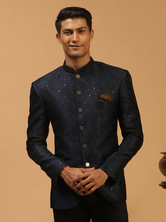 Men's Navy Blue Silk Blend Straight Jodhpuri