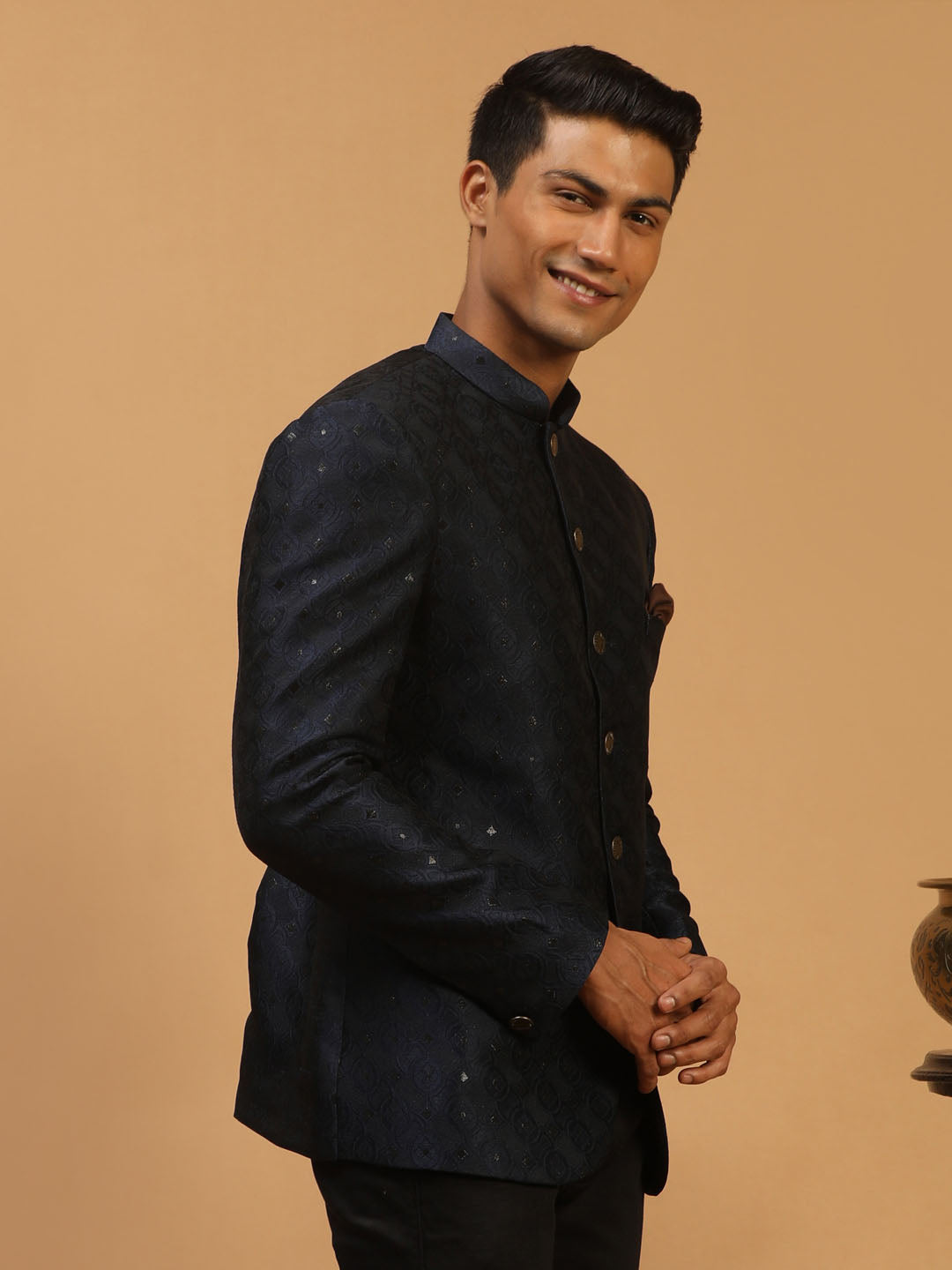 Men's Navy Blue Silk Blend Straight Jodhpuri