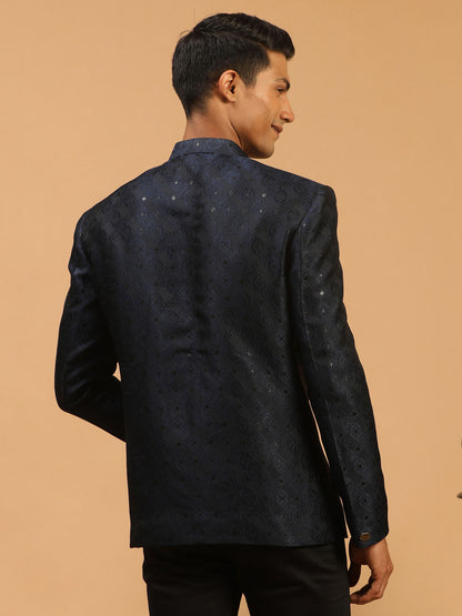 Men's Navy Blue Silk Blend Straight Jodhpuri