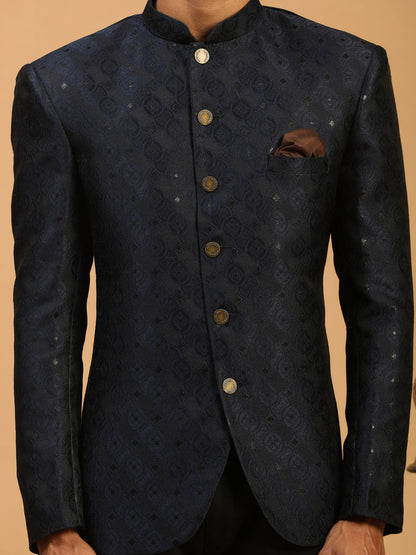 Men's Navy Blue Silk Blend Straight Jodhpuri