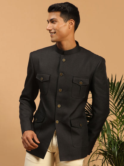 Men's Black Silk Blend Straight Jodhpuri